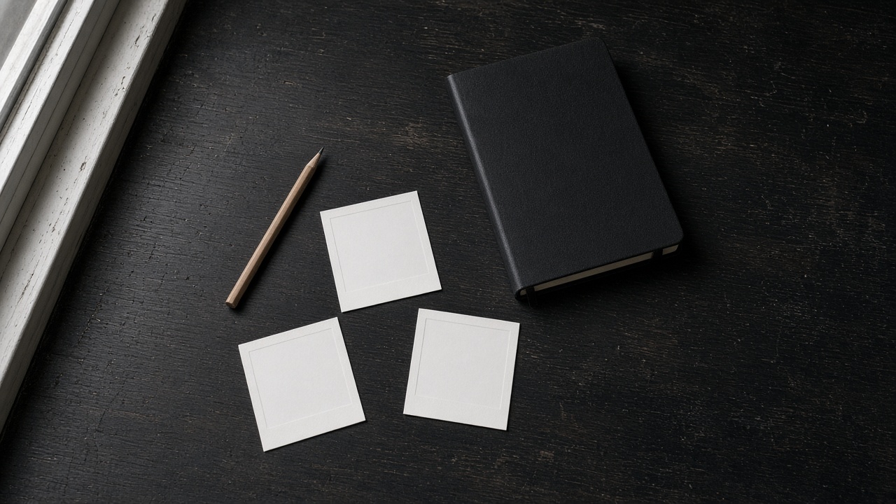 A notebook, a pencil, and blank prints on a dark table.